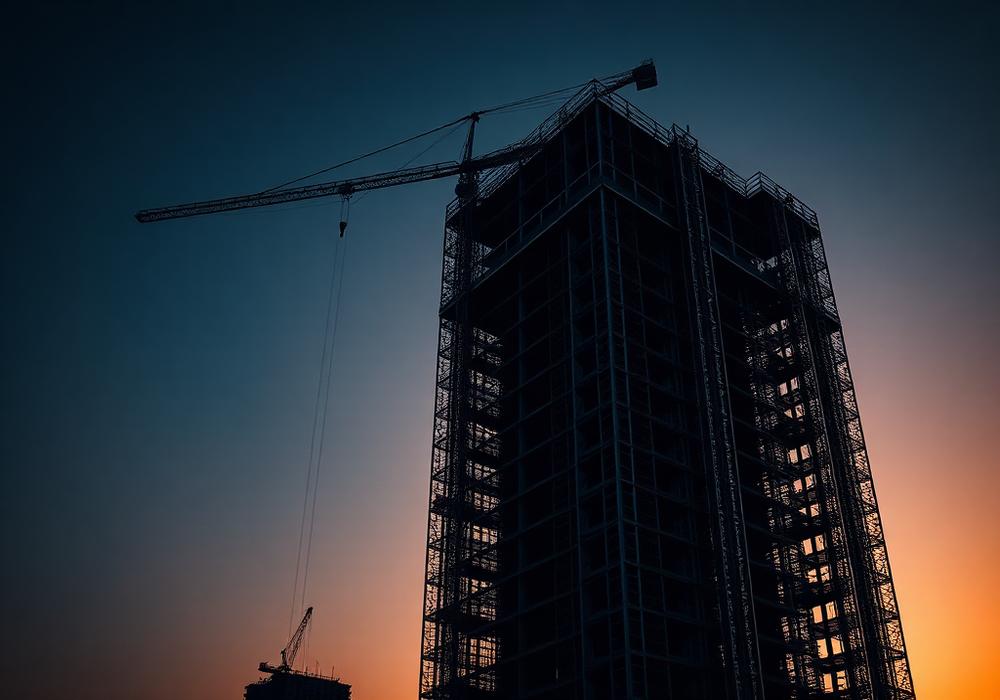 Edifício em construção com grua ao anoitecer